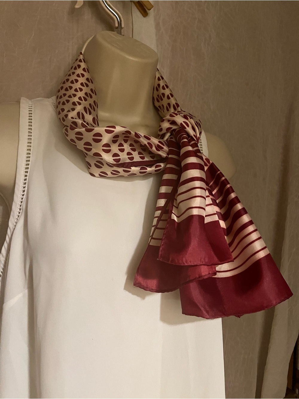 Elegant Burgundy and Cream Patterned Silk-Feel Scarf